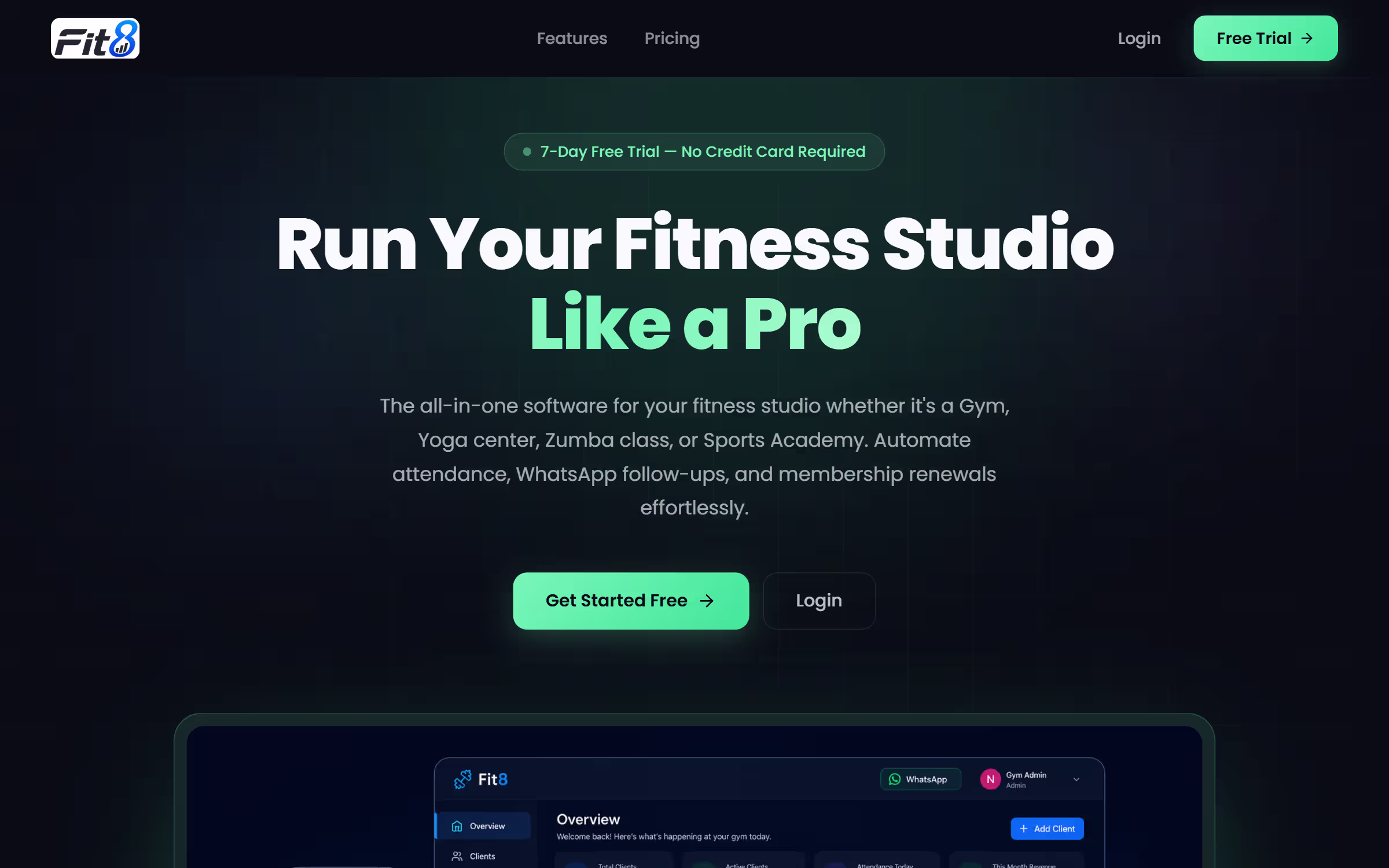 Fit8 Fitness & Studio Management Dashboard Desktop View