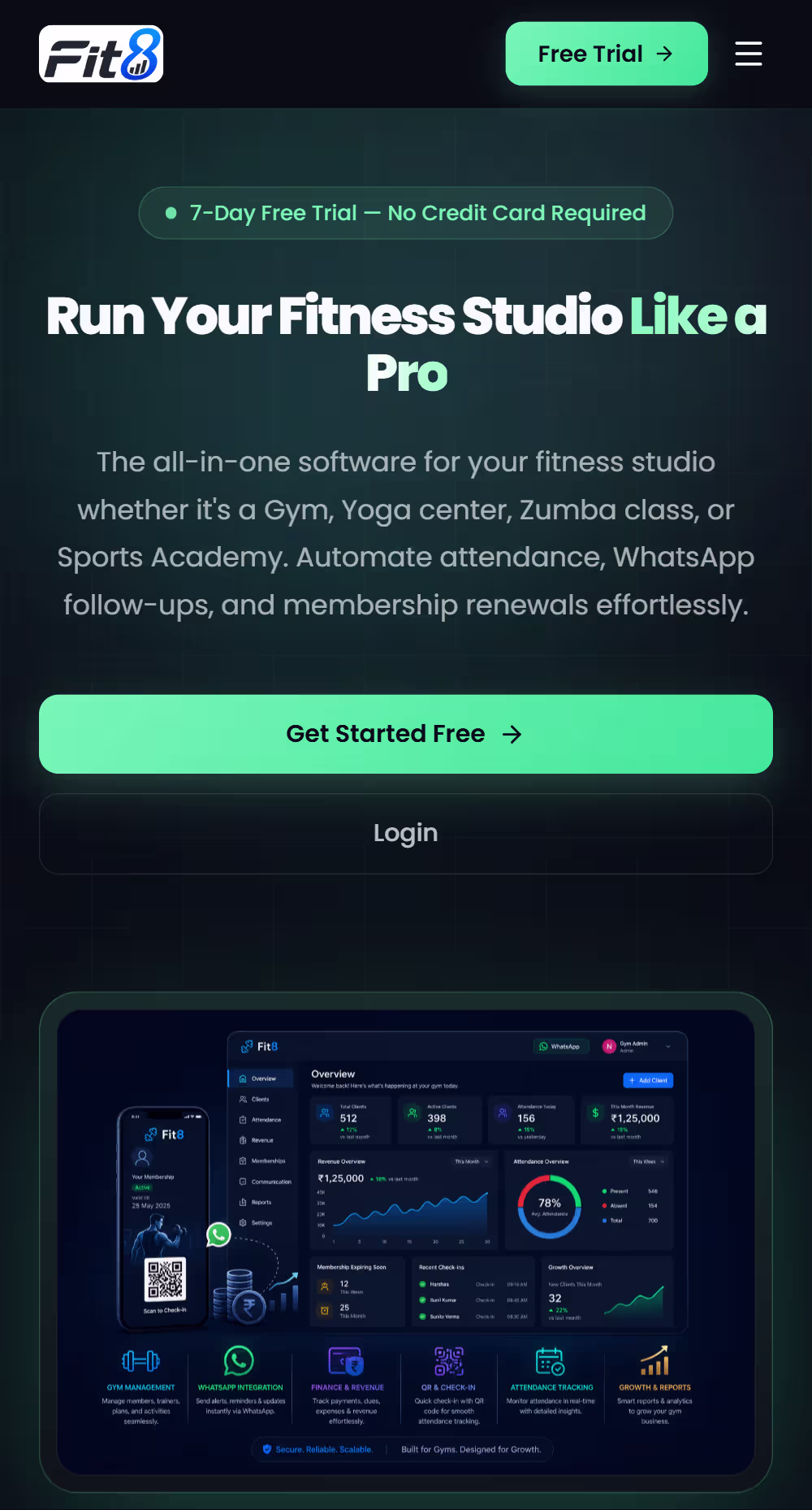 Fit8 Fitness & Studio Management Dashboard Mobile View